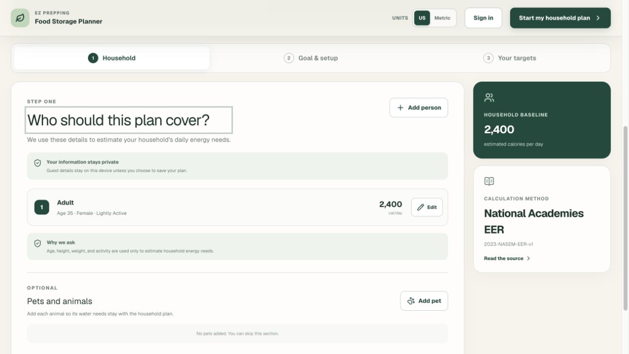 Household step in the Food Storage Planner calculator