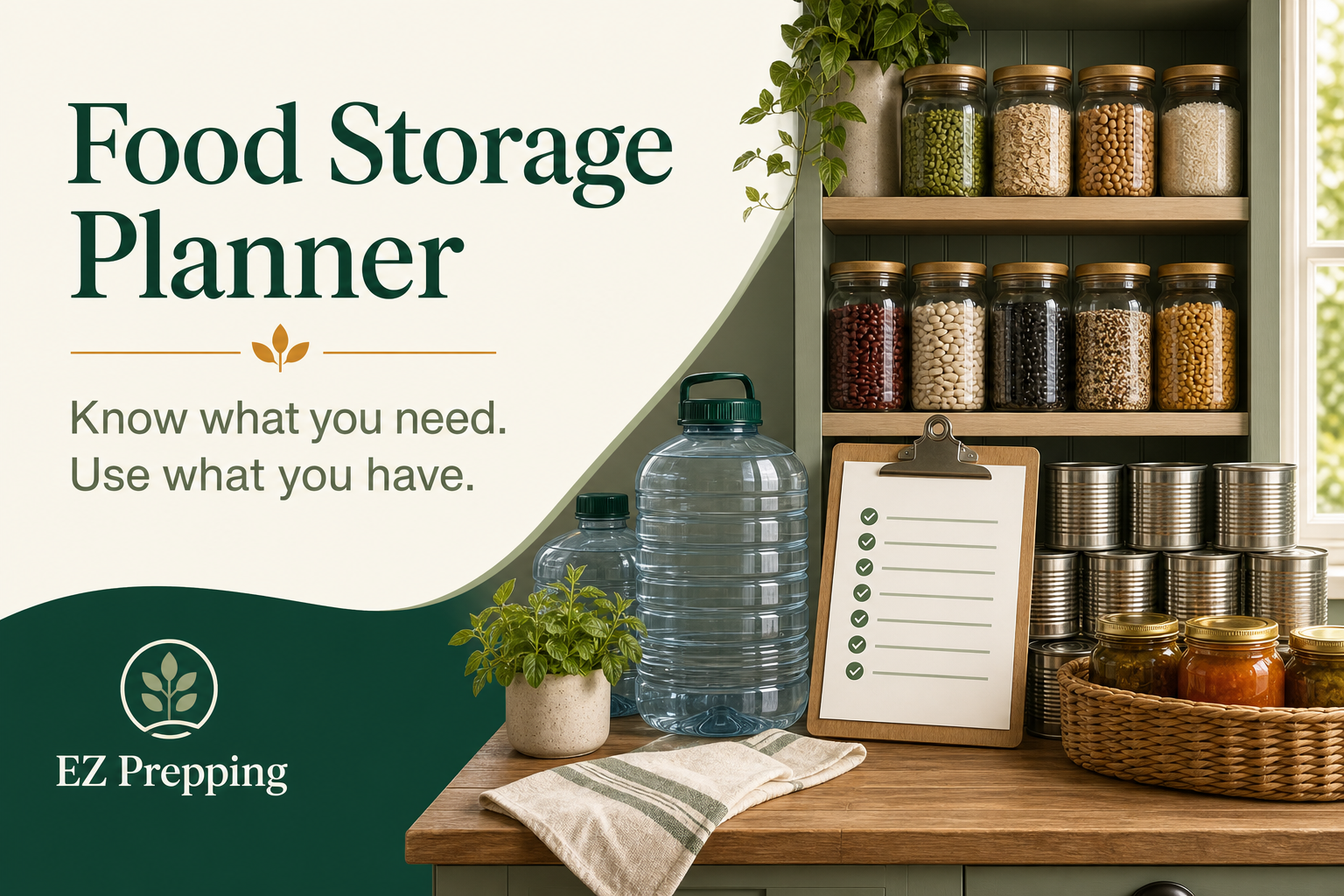 Food Storage Planner with shelf-stable food, water, and a household checklist
